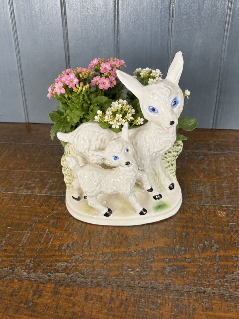 Small Vintage Lamb Planter, Ceramic Sheep Flower Pot for Herbs